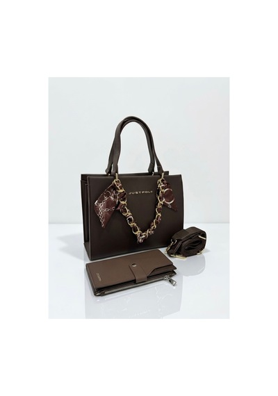 Just Polo Kadın Gold Zincirli Şal Detaylı Şık El & Omuz Çantası Ve Cüzdanı Kombin Shopper Ebat: 20 X 25 Cm Kahverengi 87509131