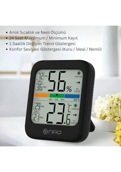 Npt33a Dijital İç Mekan Termometresi Ve Nem Ölçer, Geniş Ekranlı, Konfor Göstergeli Siyah