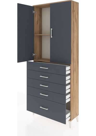 Arges Dolap 2 Raflı 5 Çekmeceli 2 Kapaklı 88x30x221 Çam-antrasit Çam