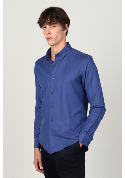 Tudors Slim Fit Uzun Kol Yaka Düğmeli Yaka İçi Biyeli Erkek Gömlek-26221 Saks