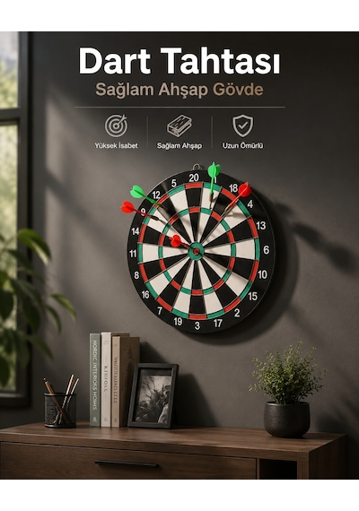 Duvara Monte Sağlam Ahşap Gövdeli Dart Tahtası Ev Ve Oyun Alanları İçin 17 İnç - Lisinya