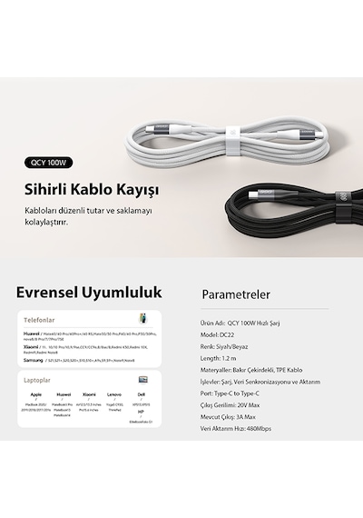 100w Type-c Şarj Kablosu 1.2 Metre Halat Örgü 480mbps Kırılmaz Bükülmez Data Kablosu Dc22 Siyah