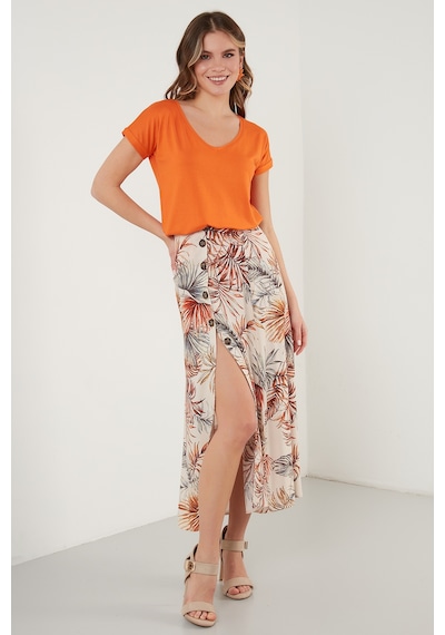 Lela V Yaka Relaxed Fit Yırtmaç Detaylı 2'Li Paket Bayan Bluz 5862000S2 Oranj-Olive