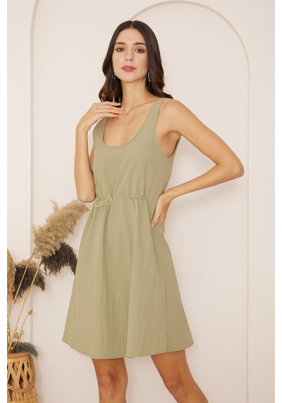 Darlin Moda Yeşil Beli Büzgülü Kolsuz Mini Paraşüt Elbise Dm1028 Yeşil