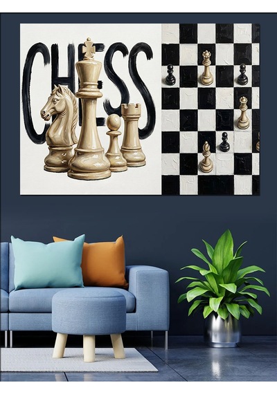 Satranç Taşları Ve Chess Yazısı Dekoratif Kanvas - Mdf Ahşap Tablo