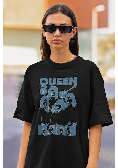 Queen Temalı Baskılı Unisex Tişört, Oversize Müzik Grubu Baskılı Siyah