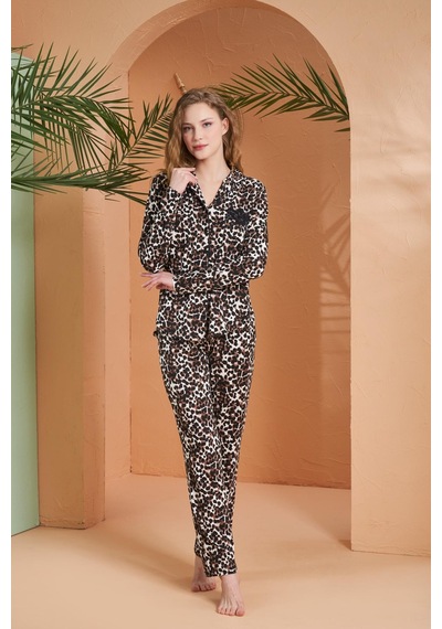 Pjs 27064 Kadın Leopar Desenli Boydan Düğmeli Uzun Kollu Pijama Takım Kahverengi