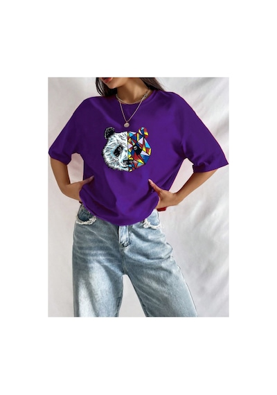 Medinenur Unisex Panda Baskılı T-shirt Mor