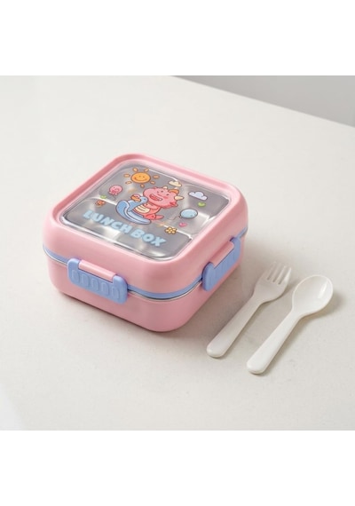 Paslanmaz Çelik 3 Bölmeli Kilitli Yemek Kabı 2000 Ml, Çatal Kaşık Dahil Renkli Desenli Lunch Box, Çelik İç Hazneli Saklama Ve Taşıma Kabı