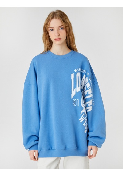 Koton Bisiklet Yaka Sweatshirt Uzun Kollu Baskılı Rahat Kesim Mavi 3sal10402ık Mavi