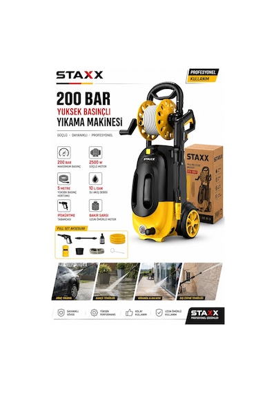 Staxx St20020m 200bar Basınçlı Yıkama Makinesi Çelik Şanzıman Bakır Sargılı Motor Köpük Aparatı