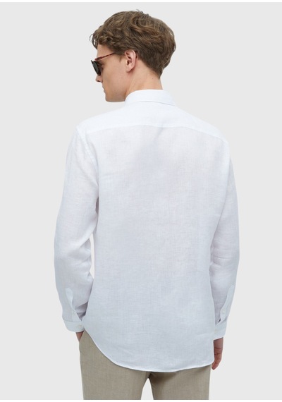 Ramsey Beyaz Düz Casual Fit Uzun Dokuma Casual %100 Keten Gömlek