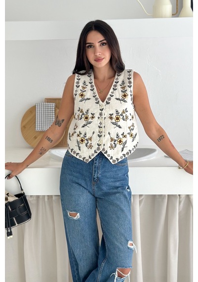 Femelle Kadın Bej Etknik Desenli Kolsuz Yelek Düğmeli V Yaka Bohem Şık Nakış İşlemeli