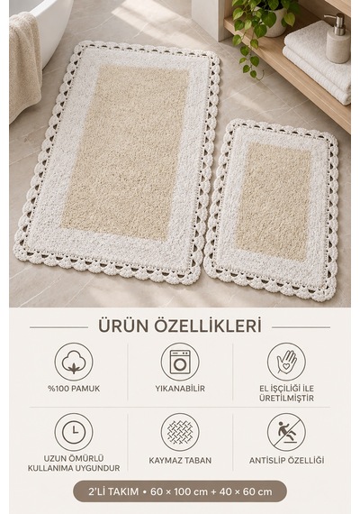 Alanur Bodrum Tufting Cotton Pamuklu El Işi Örgülü 2 Li Paspas 108 Beyaz - Ekru