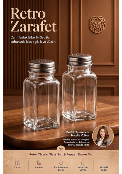 Retro Klasik 304 Paslanmaz Çelik Başlıklı Cam Tuzluk Biberlik Seti 9x4 Cm 2li Baharatlık 723681 Diğer