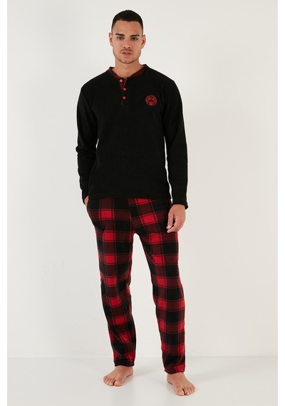 Buratti Ekose Regular Fit Bisiklet Yaka Kışlık Polar Erkek Pijama Takımı 609610013W4 Siyah-Kırmızı