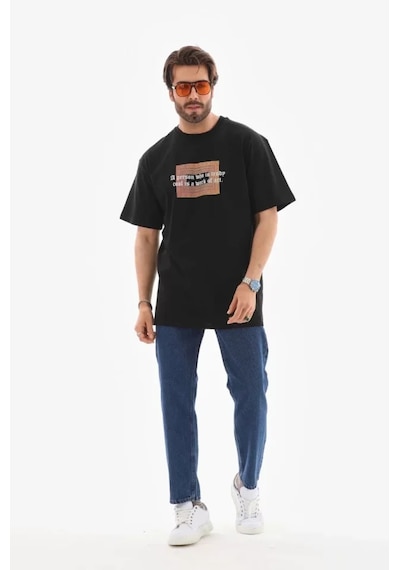 Suma Unisex Bisiklet Yaka Baskılı Oversize T-shirt Siyah S Beden