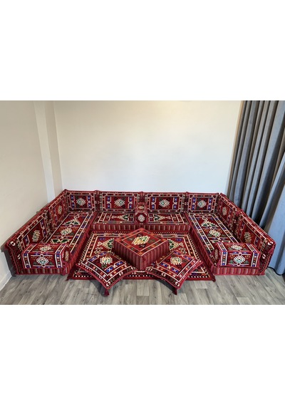 Coton Şark Köşesi Belkıs Desenli Minder Takımı Kırmızı