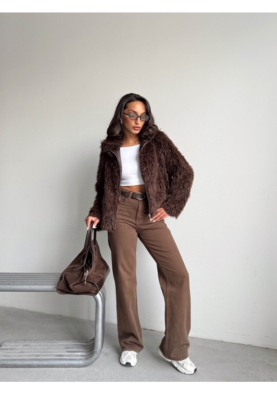 Verymoda Yapay Kürk Kadın Ceket Fermuarlı, Yumuşak Dokulu Modern Kışlık Mont F2037 Koyu Kahve