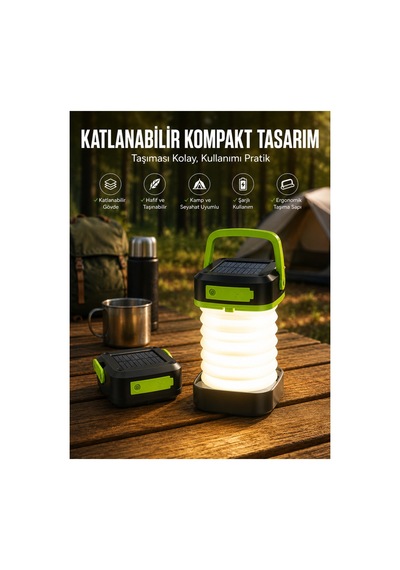 Katlanabilir Kamp Lambası Solar Fener Görünümlü 3 Kademeli Şarjlı Renk Renk