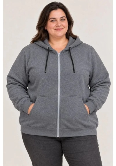 Zennamoda Battal Büyük Beden Üç İplik İçi Şardonlu Kapüşonlu Tam Fermuarlı Kışlık Sweatshirt - Füme