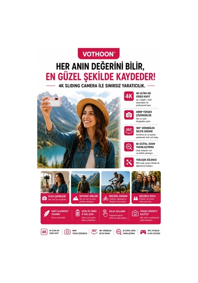 Dijital Kamera 4k Hd 48mp 8x Zoom Flaşlı Kayar Retro Video Kamera 2.4 Ekran 64gb Sd Kart Hediyeli Pembe