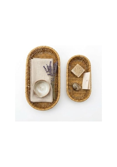Oval Hasır Örgü Dekoratif Sepet Tepsisi, Doğal Renk, 2&apos Li Set, Büyük 28x10x5 Cm, Küçük 24x9x5 Cm