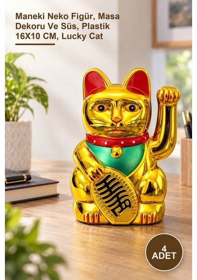 4 Adet Pilli Sallanan Şans Kedisi Maneki Neko Figür, Masa Dekoru Ve Süs, Plastik 16x10 Cm, Lucky Cat Sarı