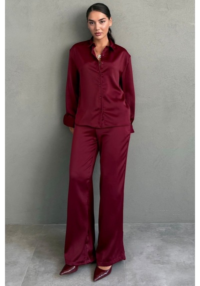 Madmext Bordo Saten Gömlek Pantolon Takım Mg2745