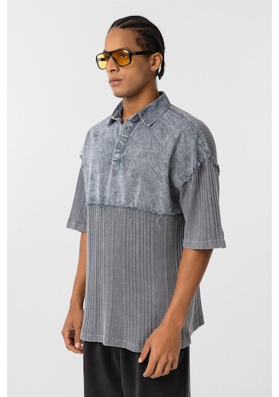 Vamos Yıkamalı Triko Oversize Polo Yaka Tişört V70-53 Gri