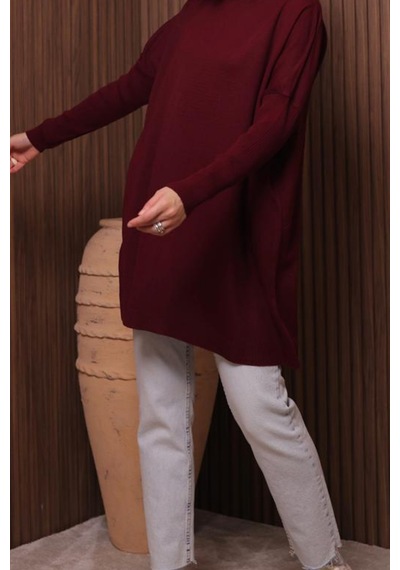 Balenbi Kadın Dik Yaka Basic 80cm Salaş Oversize Triko Tunik 1145 Bordo