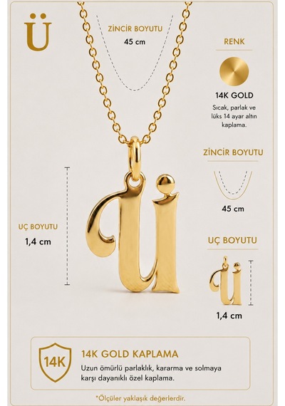 925 Ayar Gümüş 14 Ayar Altın Kaplama Ü Harfi Vintage Harfli Kolye Retro Harf Kolye Gold
