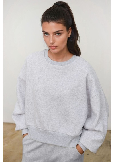 Hiccup Loose Fit Bisiklet Yaka Pamuklu Basic Şardonlu Örme Sweatshirt Gri