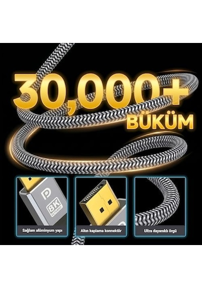 8k Displayport Kablosu Dp 1.4 3 Metre - 8k 60hz / 4k 144hz / 2k 165hz - Hdr10, 3d, Ses+görüntü - Alüminyum Gövdeli Ve Örgülü Gaming Monitör Kablosu