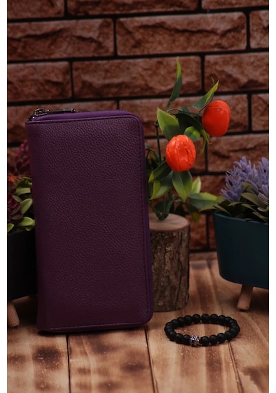 Ozka Leather Collection Telefon Bölmeli Unisex Uzun Deri Kartlık Cüzdan Portföy - Bileklik Hediyeli 1 Mor