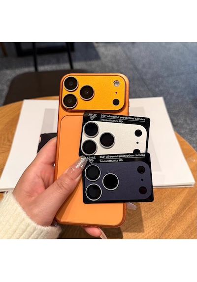 Apple Uyumlu iPhone 17 Pro Max - Safir Taşlı Lens Koruma Full Metal Kamera Koruması Tek Parça Turuncu