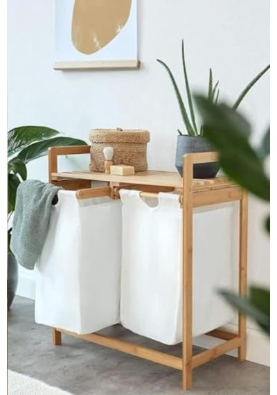 Ayrex Digithome Bambu 2 Bölmeli Kirli Sepetli Çamaşır Sepeti Raflı Banyo Düzenleyici Db-0007 Diğer