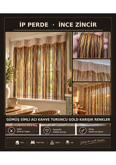 İp Perde Özel Seri İnce Zincir Gümüş Simli Acı Kahve-turuncu-gold Karışık Renkler 100 300 & K+r Acı Kahverengi