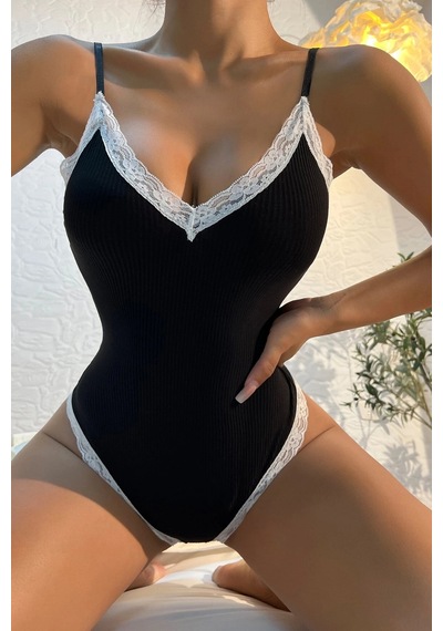 Hepsibayi Kadın Beyaz Dantel Işlemeli Siyah Tulum Gecelik H110537