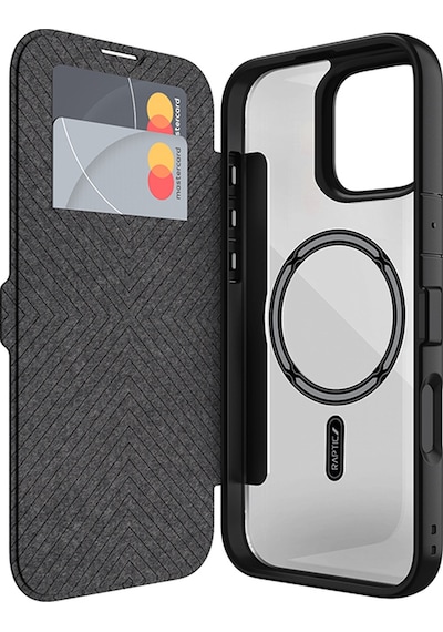 Apple Uyumlu iPhone 16 Pro Kılıf Magsafe Vegan Deri Şeffaf Kartlıklı Raptic Urban Folio Serisi Kapak Siyah