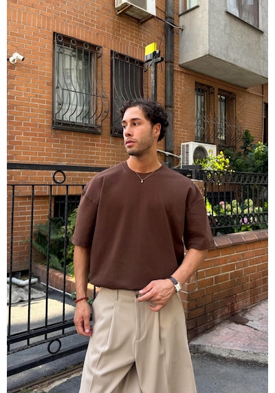 Flaw Basic Oversize Tişört Koyu Kahve-26520 Koyu Kahve