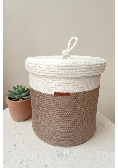 El Yapımı Dekoratif Örgülü Model 5'li Banyo Seti 2 Li Paspas 50x80 Cm Ve 40x60 Cm + Sepetler 18x18 Cm & Çamaşır Sepeti 35x33 Cm Vizon