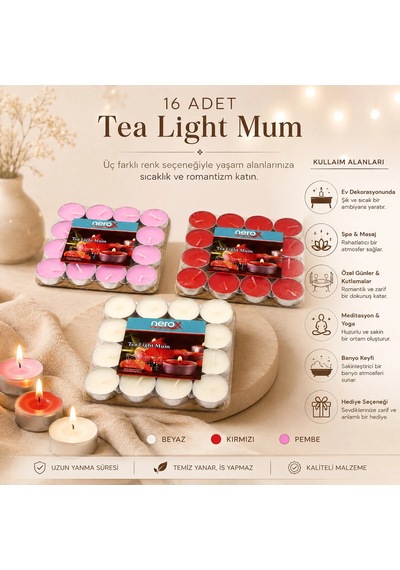 16 Parça Kırmızı Tea Light Yuvarlak Mum 5580