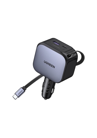 Ugreen 145w Usb-c Makaralı Dahili Kablolu Hızlı Araç Çakmaklık Şarj Cihazı, 2x Usb-c, 1x Usb-a Port, 55910b