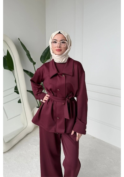 Mihran Butik Sophie Model Bel Kemer Ve Düğme Detaylı Kadın Takım Bordo Çok Renkli