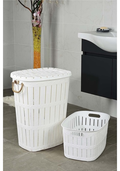 Bambu Ahşap Görünümlü Halatlı Kirli Sepeti Ve Temiz Çamaşır Sepeti Seti 62 Lt - Beyaz - 225960001 Beyaz