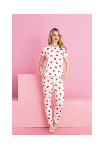 Rindahomewear Kadın Milan Kalp Desenli Kısakol Pijama Takımı Beyaz Kalpli