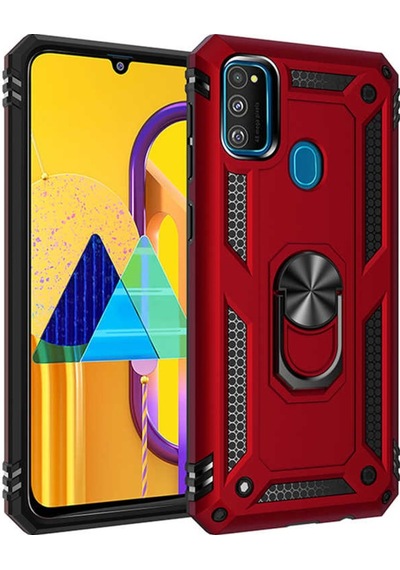 Jopus Galaxy M31 İle Uyumlu Yüzüklü Standlı Zırhlı Silikon Kılıf Kırmızı Kırmızı