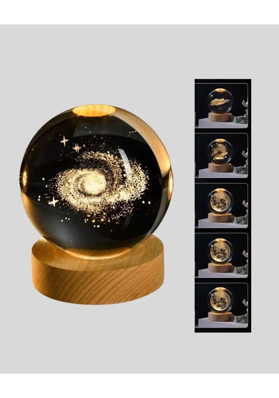 Samanyolu Desenli Kristal Küre Ahşap Standlı Gün Işığı Led Masa Lambası Reknli