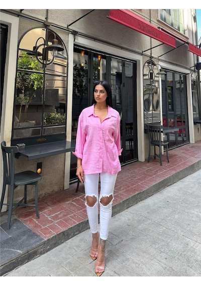 WeShaya Pembe Cepli Pamuk Polyester Gömlek Pembe